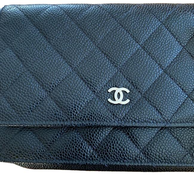 Chanel Wallet on Chain Silver Monogram Black Calfskin Leather Clutch 