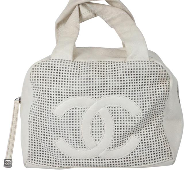 Chanel White Cc Logo Bowler Ivory Leather Satchel 