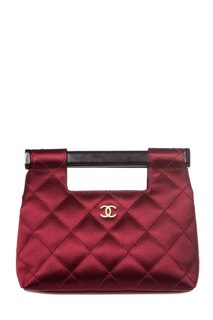 Chanel Wine Quilted Wood Handle Red Satin Clutch 