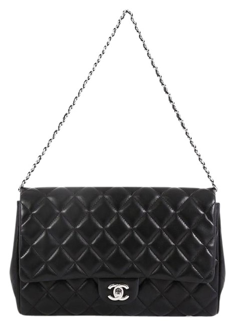 Chanel With Chain Quilted Black Lambskin Leather Clutch 