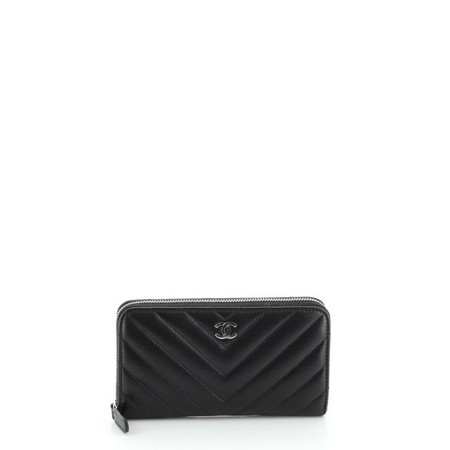 Chanel Zip Around Wallet Chevron Lambskin Small Black Leather Clutch 