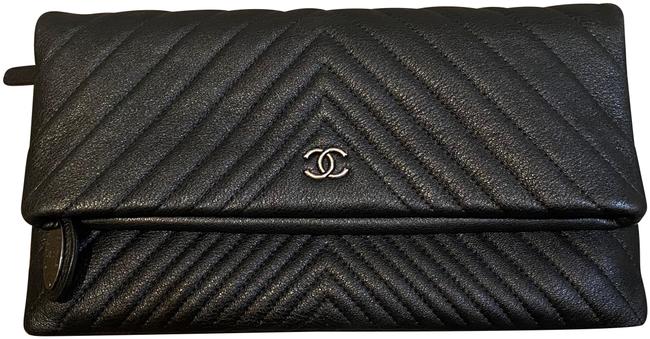 Chanel Chevron Foldover Black Leather Clutch 