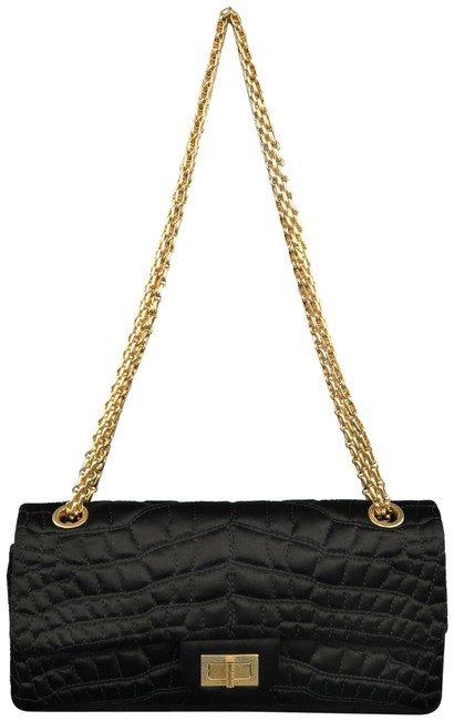 Chanel 255 Reissue Alligator Quilted Gold Chain Black Silk Shoulder Bag 