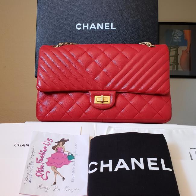 Chanel 255 Reissue Classic Flap Medium Gold Hardware Red Caviar Shoulder Bag 