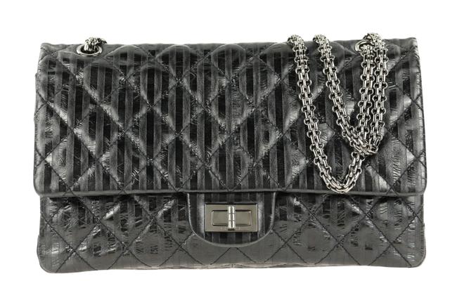 Chanel 255 Reissue Mademoiselle Striped Black Calfskin Leather Shoulder Bag 
