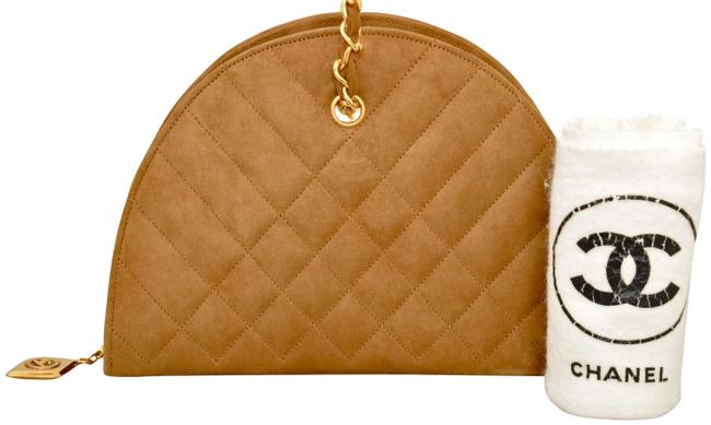 Chanel 865&quot Inch Curve Top Beige Quilted Suede Leather Shoulder Bag 