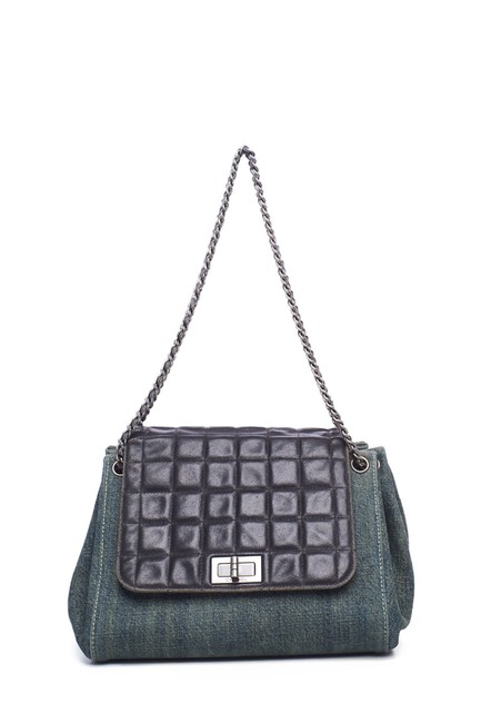 Chanel And Leather Chocolate Bar Accordian Denim Shoulder Bag 