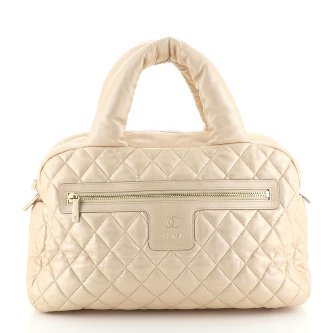 Chanel Bowling Bag Cocoon Coco Quilted Lambskin Medium Gold Leather Satchel 