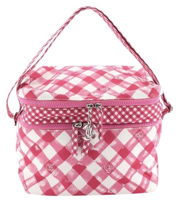 Chanel Box Lunch Printed Medium Pink White Canvas Plain Shoulder Bag 