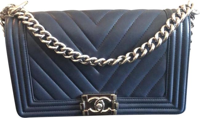 Chanel Boy Chevron Quilted New Medium Flap Navy Shoulder Bag 