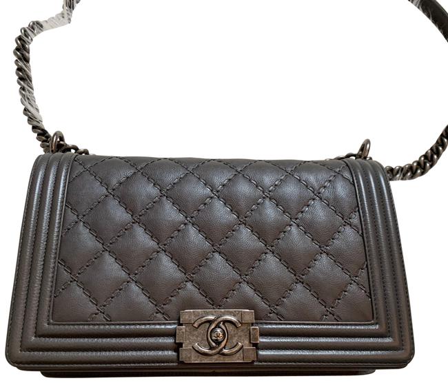 Chanel Boy Double Stitch New Medium Size Grey Calfskin Leather Shoulder Bag 