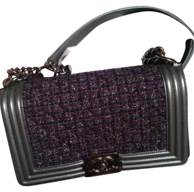 Chanel Boy Le Medium Le Metallic Tweed Silver Purple Leather Shoulder Bag 
