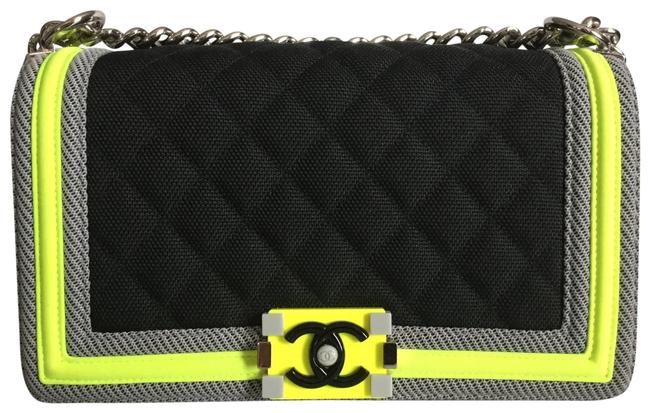 Chanel Boy Fluo Rare Limited Edition Medium Sport + Cross Body Black Gray Neon Nylon Shoulder Bag 