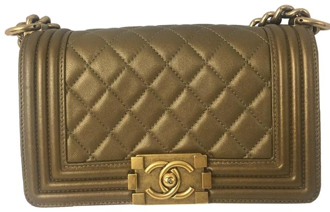 Chanel Boy On Quilted Brick Gold Lambskin Leather Shoulder Bag 