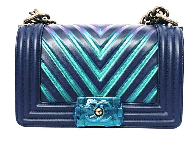 Chanel Boy Iridescent Colors Rare Navy Multi Lambskin Leather Shoulder Bag 