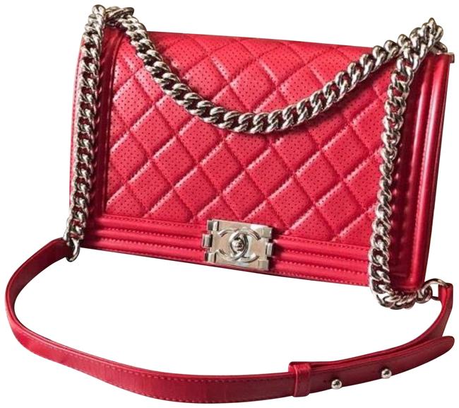 Chanel Boy Perforated Red Calfskin Leather Shoulder Bag 