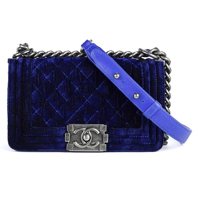 Chanel Boy Ruthenium Hardware Small Blue Velvet Shoulder Bag 