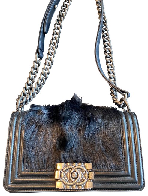 Chanel Boy Small Black Rabbit Fur Shoulder Bag 