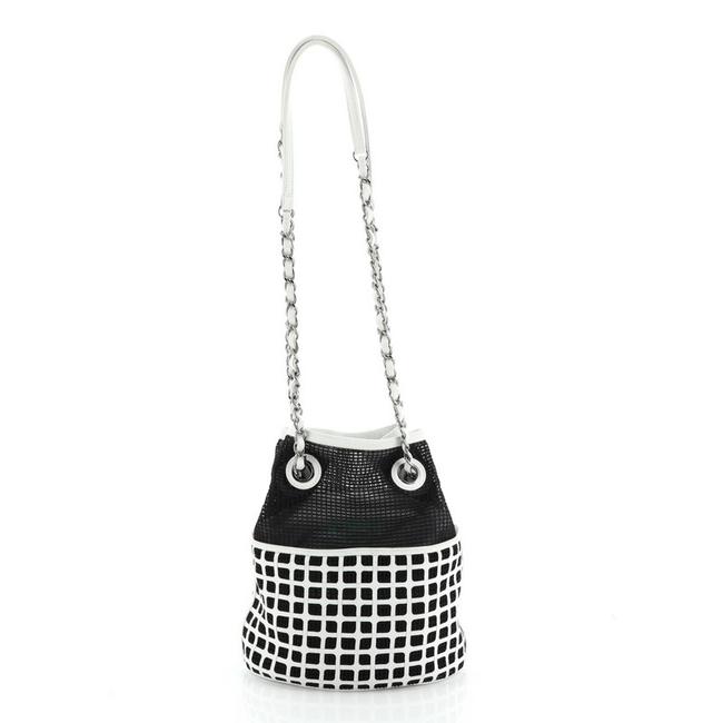 Chanel Bucket Chain Mesh and Leather Medium Black White Fabric Shoulder Bag 