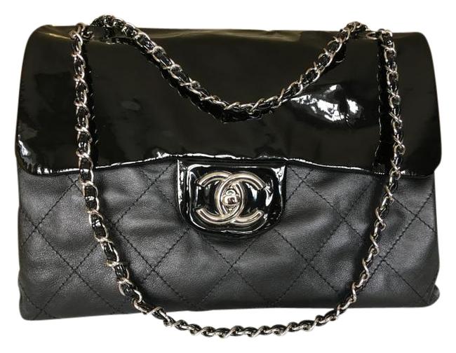 Chanel Calf and Patent Flap Black Leather Shoulder Bag 