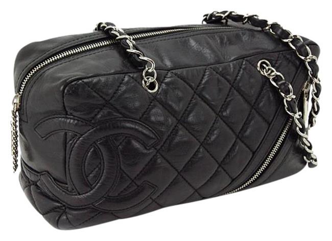 Chanel Cambon Silver Chain Quilted Handbag Black Calf Leather Shoulder Bag 
