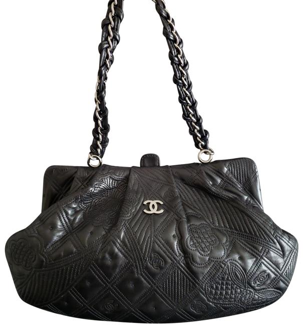 Chanel Camelia Black Lambskin Leather Shoulder Bag 