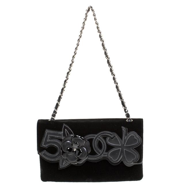 Chanel Camellia No5 Black Velvet and Leather Shoulder Bag 