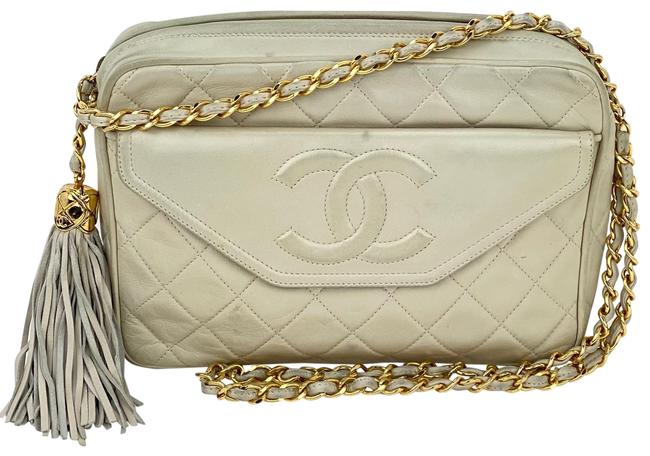 Chanel Camera Vintage Cc Quilted Tassel White Lambskin Leather Shoulder Bag 