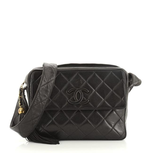 Chanel Camera Vintage Front Pocket Quilted Large Black Leather Shoulder Bag 