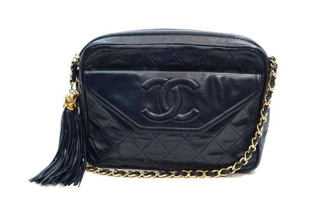 Chanel Camera Vintage Quilted Tassel Navy Blue Leather Shoulder Bag 