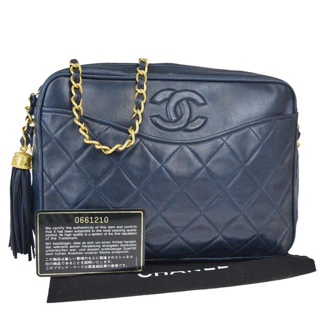 Chanel Cc Fringe Chain Vintag Navy Blue Leather Shoulder Bag 