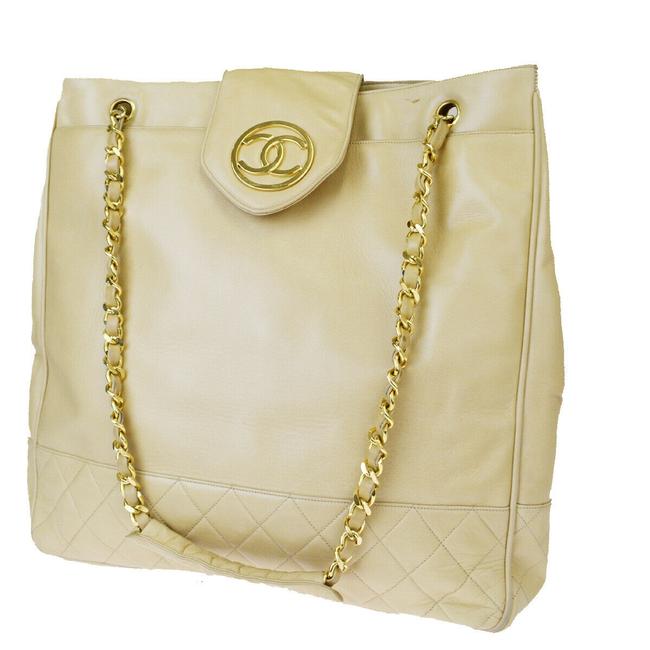 Chanel Cc Logo Chain Beige Leather Shoulder Bag 