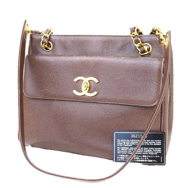 Chanel Cc Logo Chain Brown Caviar Skin Leather Shoulder Bag 