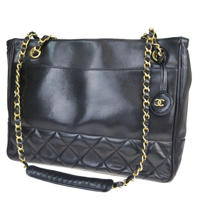Chanel Cc Logo Chain Italy Vintag Black Leather Shoulder Bag 