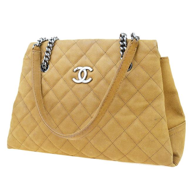 Chanel Cc Logo Quilted Chain Beige Caviar Skin Leather Shoulder Bag 
