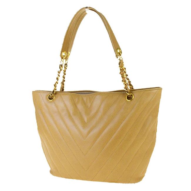 Chanel Cc Logo V Stitch Chain Beige Caviar Skin Leather Shoulder Bag 