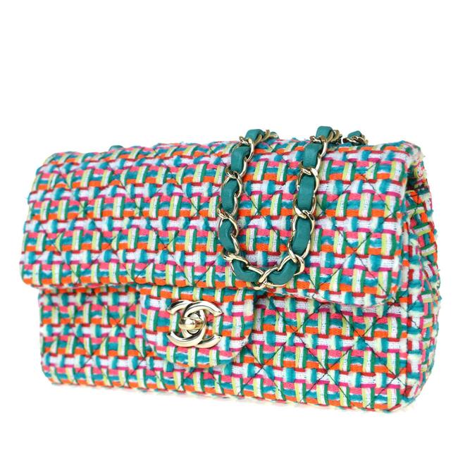 Chanel Cc Quilted Chain Mini Green Orange Tweed Leather Shoulder Bag 