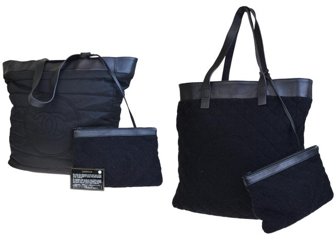 Chanel Cc Reversible Black Leather Wool Nylon Shoulder Bag 