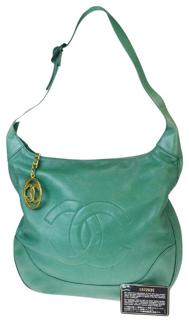 Chanel Cc Vintage 66ex368 Green Gold Tone Leather Shoulder Bag 