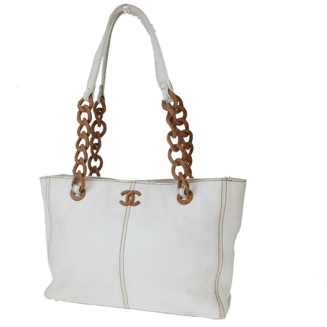 Chanel Cc Wood Chain White Leather Shoulder Bag 