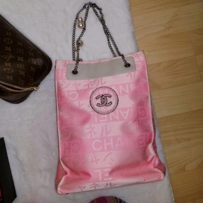 Chanel Chain Pink White Cotton Blend Shoulder Bag 