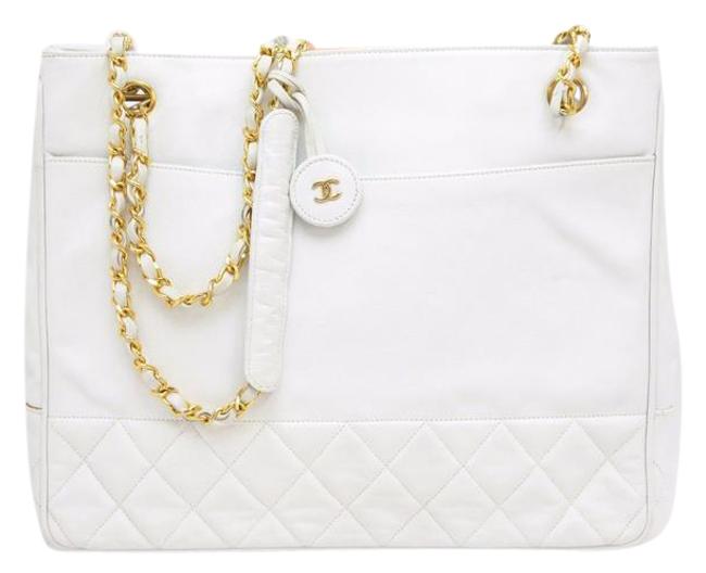 Chanel Tote Chain Shopper White Lambskin Leather Shoulder Bag 