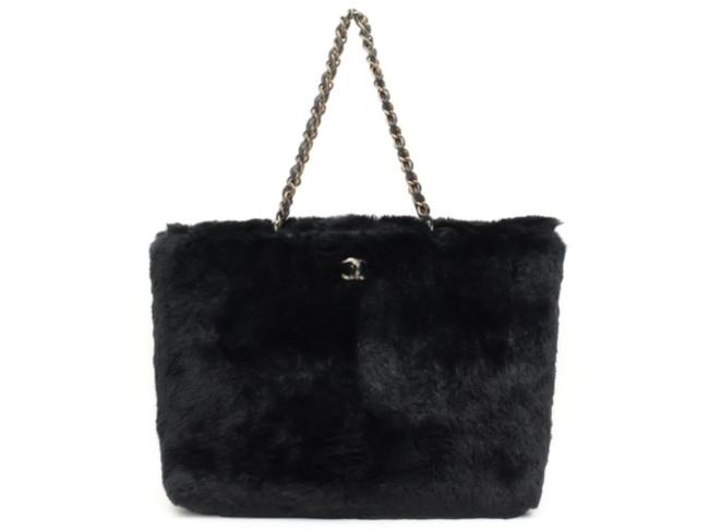 Chanel Chain Tote Shopper 230441 Black Rabbit Fur Shoulder Bag 