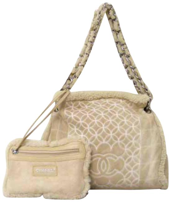 Chanel Tote W Chain Tote WPouch 226196 Beige Shearling Wool Shoulder Bag 