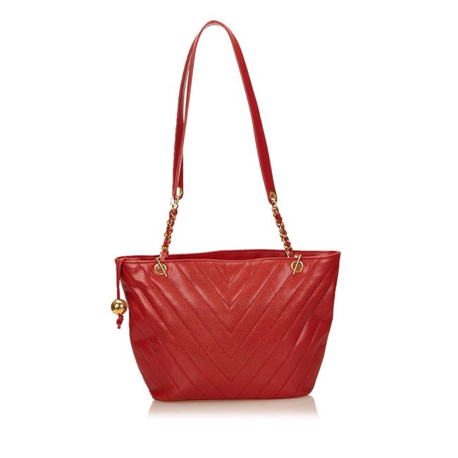 Chanel Chevron Red Leather Shoulder Bag 
