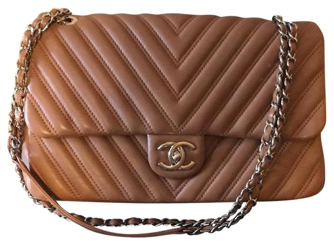 Chanel Chevron Tan with Silver Hardware Camel Lambskin Leather Shoulder Bag 