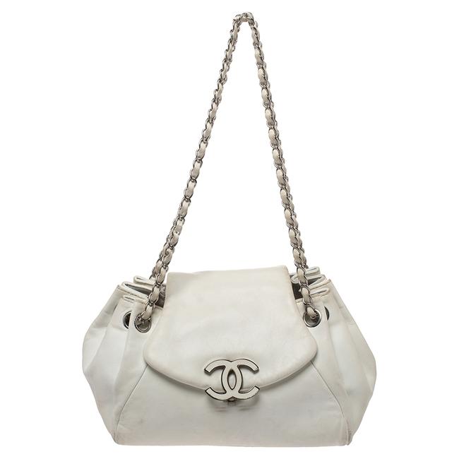 Chanel Classic Cc Accordion Flap White Leather Shoulder Bag 