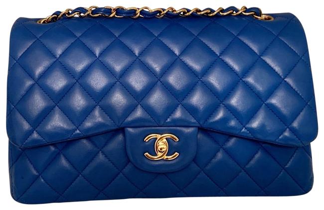 Chanel Classic Doble Flap Jumbo Roi Cobalt Blue Lambskin Leather Shoulder Bag 