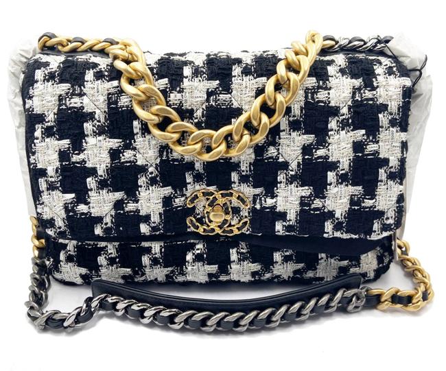 Chanel Classic Flap Crossbody 19 Whitetweed Black White Ribbon Leather Shoulder Bag 