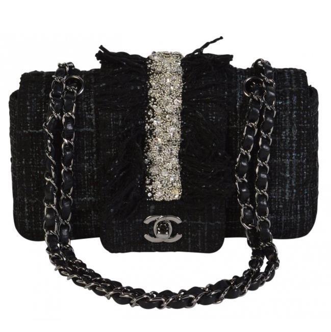Chanel Classic Flap &amp Swarovski Crystal Fringe Black Tweed Shoulder Bag 